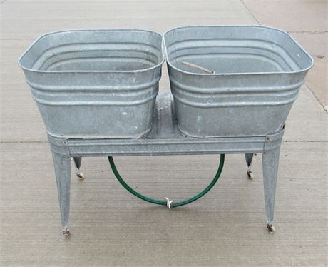 Vintage Galvanized Double Metal Wash Bins with Stand