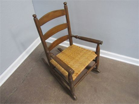 Children's Size Wooden Vintage Rocking Chair, with Wicker Seat