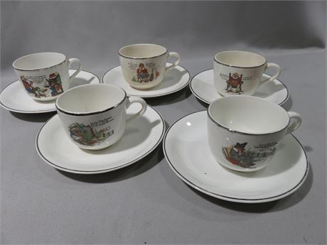 Vintage Nursery Rhyme Porcelain Tea Cups & Saucers