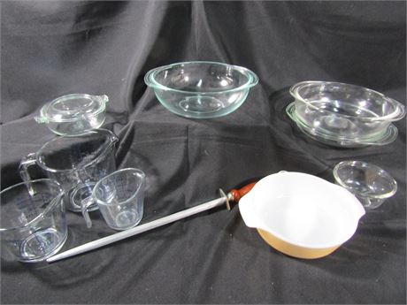 Measuring Cups, Fire King, 3 Piece Pyrex, and Anchor Hocking Bowls