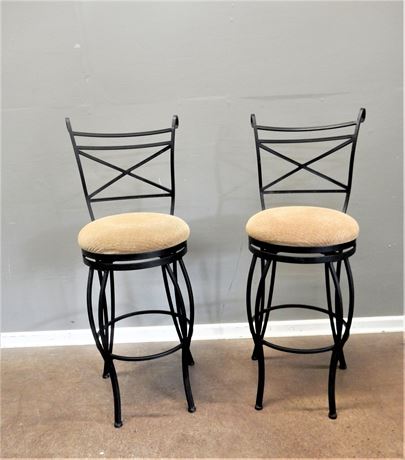 Two Wroght Iron Upholstered Swivel Bar/Counter Stools