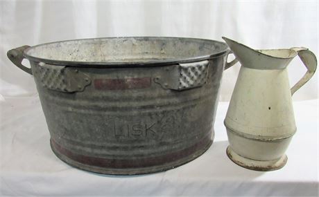 Vintage/Antique Lisk Wash Basin and 1800's Farmhouse Tin Water Pitcher