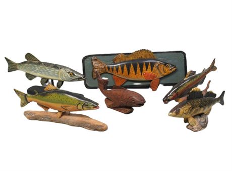6 Fish Wood Carvings - including a Soho Salon, Chain Pickerel