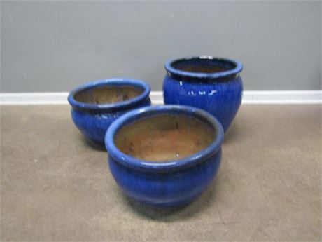 3 Piece Blue Drip Planters with High Gloss Finish