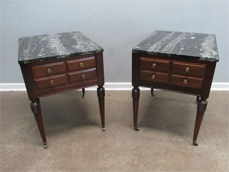 2 Matching End/Side Tables with Marble Tops, on Casters