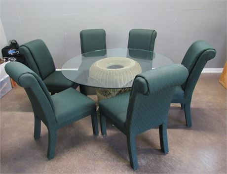 Nice Glass Top Wicker Dining Table with 6 Green Upholstered Chairs