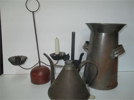 4 Piece Antique Oil Lamp Filler, Vintage Oil Can and Candle Holders