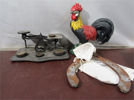 Antique Letter Scale with Weights, Rooster and Lucky Horseshoe