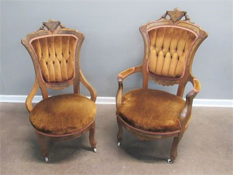 2 Beautiful Antique Eastlake Lady's and Gentleman's Parlor Chairs
