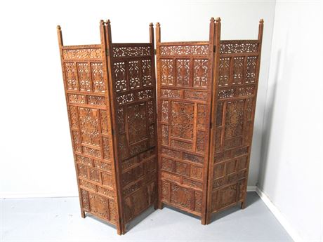Carved Wood 4-Panel Room Divider/Privacy Screen - 2-Sided