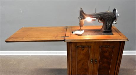 Vintage White Sewing Machine in Maple Cabinet Serial 31X26611