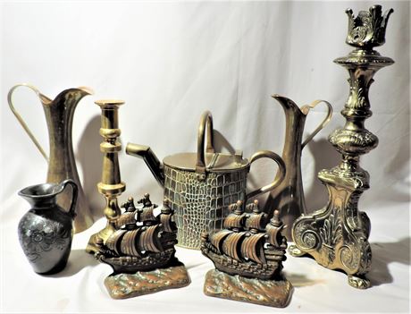 Cast Iron Bookends / Genuine Brass Candlesticks / Brass Plated Pitchers