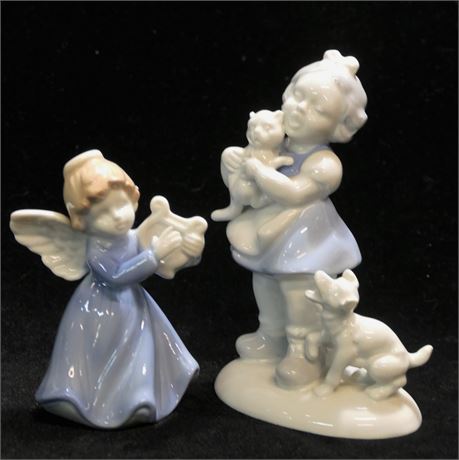 GEROLD Porcelain Sculpture, Girl Protecting Kitten From Puppy & Japan Harp Angel