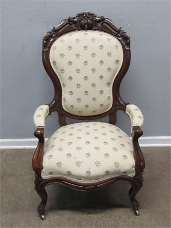 Antique Upholstered Victorian Open-Arm Balloon-Back Parlor Chair w/Front Casters
