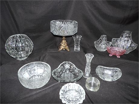 Vintage Decorative Cut Glass Vases / Bowls / Ashtray
