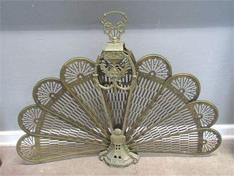 Vintage Brass Pierced Folding Peacock/Fan Fireplace Screen