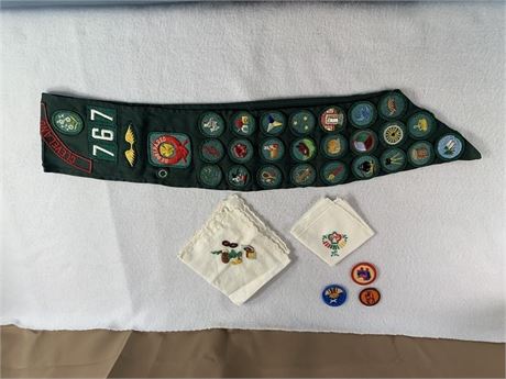 Vintage Girl Scout Sash, Badges, Pins and Hankies