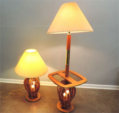 Set of Vintage Etched Amber Glass Floor Lamp / Table Lamp