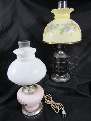 Vintage Table Globe Lamps, Hand Painted Floral Design