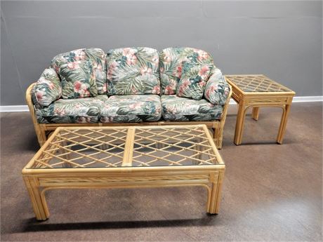 Bamboo Style Rattan Patio/Sunroom Sofa Coffee Table and Side Table