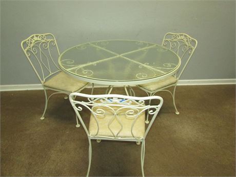 Metal Bestro Table and Chairs, 3 Chairs Yellow Toned and Glass Top Table