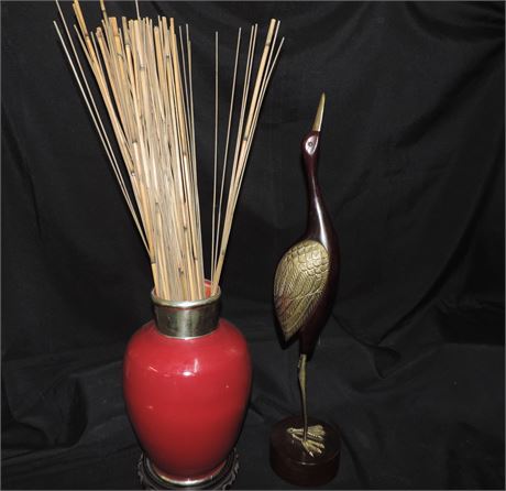 Ceramic Vase / Wood Crane Sculpture