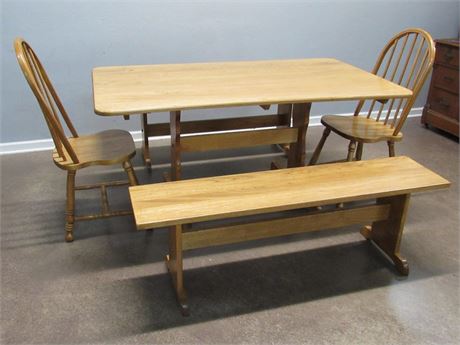 Oak Trestle Table with 2 Benches and 2 Spindle-back Chairs