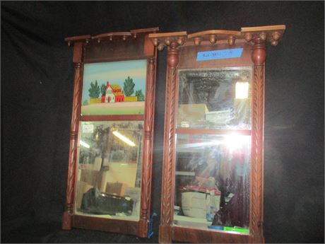 2 Piece Early American Mirrors, Old Reversed Painted and Solid Wood