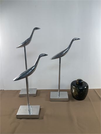 Three Pewter Chrome Bird Statue Figurine/Alabaster Jar