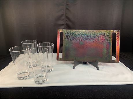 Lot of Metal Serving Tray and 4 Acrylic Beer Glasse