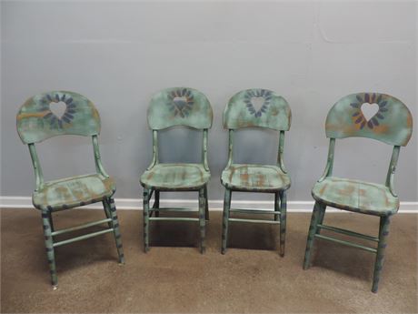Four Solid Wood Painted Heart Cutout Chairs