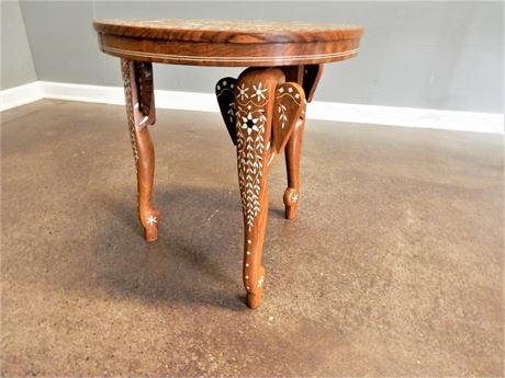 African Shesham Wood Accent Table with Inlaid Design and Elephant Shape Legs