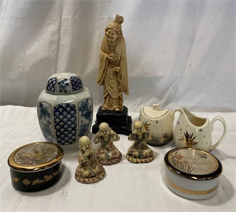 Asian Pottery Spice Jar and Figurines