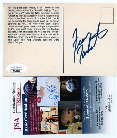 Fran Tarkenton Minnesota Vikings PSA Authenticated Autograph Post Card