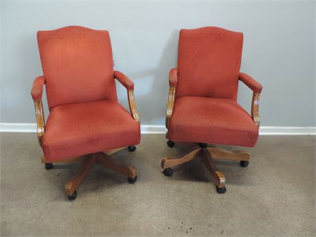 Pair of Poppy Color Upholstered Solid Wood Chairs on Casters