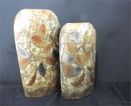 Pair of Large Ceramic Brass and Silver Tone Vases