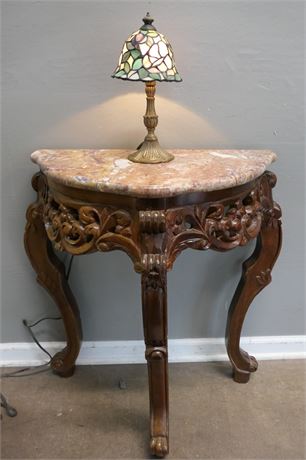 Detailed Carved Wood Console with Marble Top & a Beautiful Lamp