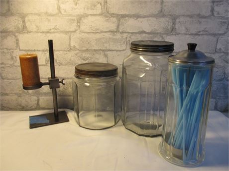 4 piece Vintage Nesco Candy Jar and Straw Dispenser