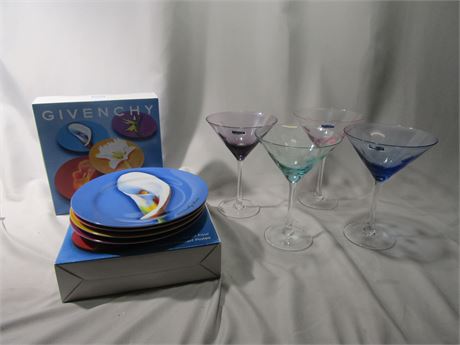Givenchy Porcelain Dessert Plates, Waterford Marquis Polka Dot Martini Glasses