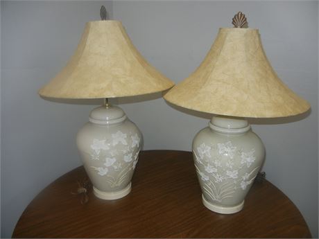 Set of Table Lamps, Cream, White and Hand Painted