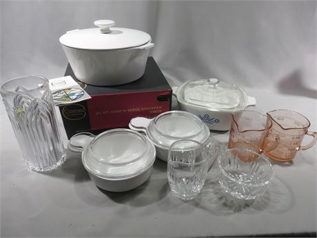 Assorted Cookware with Corningware & Waterford Crystal