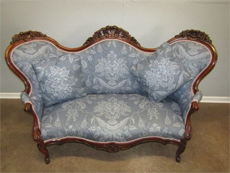Antique Victorian Couch, Solid Carved Walnut with Powder Blue Floral Cushion