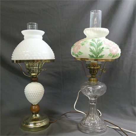 Hobnail Milk Glass Chimney Lamp & Student Chimney Lamp Lot of 2