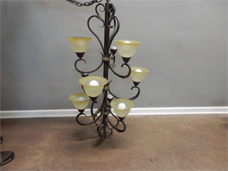 Nine Light Hanging Wrought Iron Chandelier with Nine Frosted Glass Shades