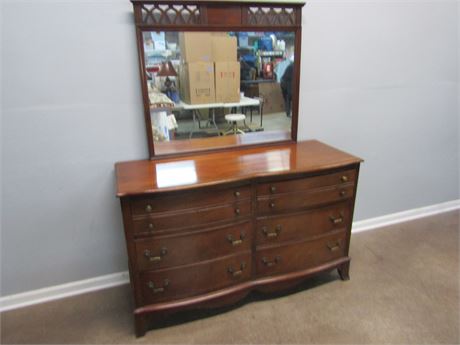 Antique Double Bow Front Solid Wood Dresser and Mirror