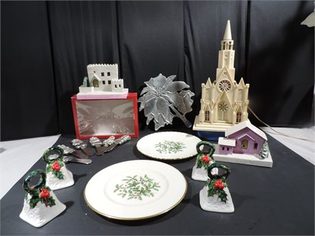 LENOX 'Special' Christmas Dishes / Musical Church / Poinsettia Trivet