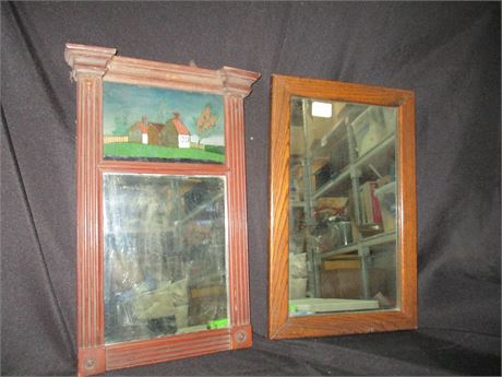 2 Piece Early American Reverse Painted Mirror, And Early Wood Mirror