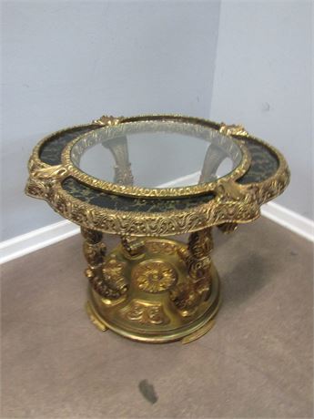 Hollywood Regency Glass Top Gilt and Faux Marble End Table