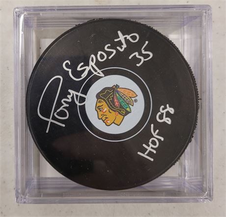 TONY ESPOSITO AUTOGRAPHED AND CERTIFIED HOCKEY PUCK CHICAGO BLACKHAWKS