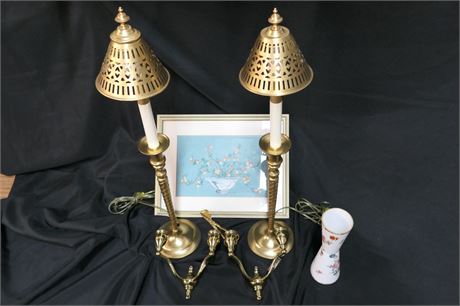 Pair Brass Candlestick Lamps / Sconces / Signed Painting / Lot 7 Pieces